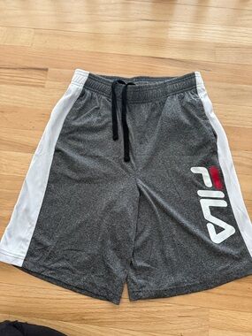 Fila Men’s Gray Athletic Shorts with White Side Panels and Red Logo Accent